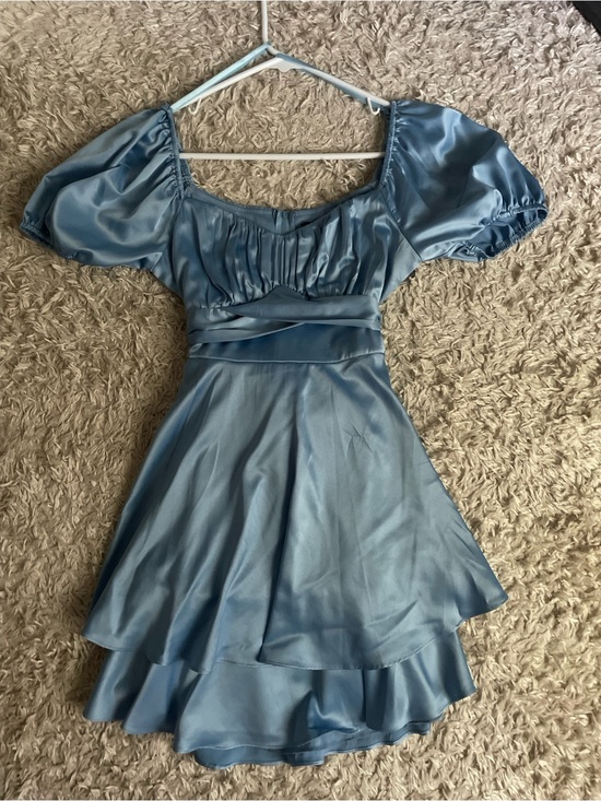 B. Smart Dresses & Skirts - B. Smart Light Blue Satin Mini Dress with Puff Sleeves